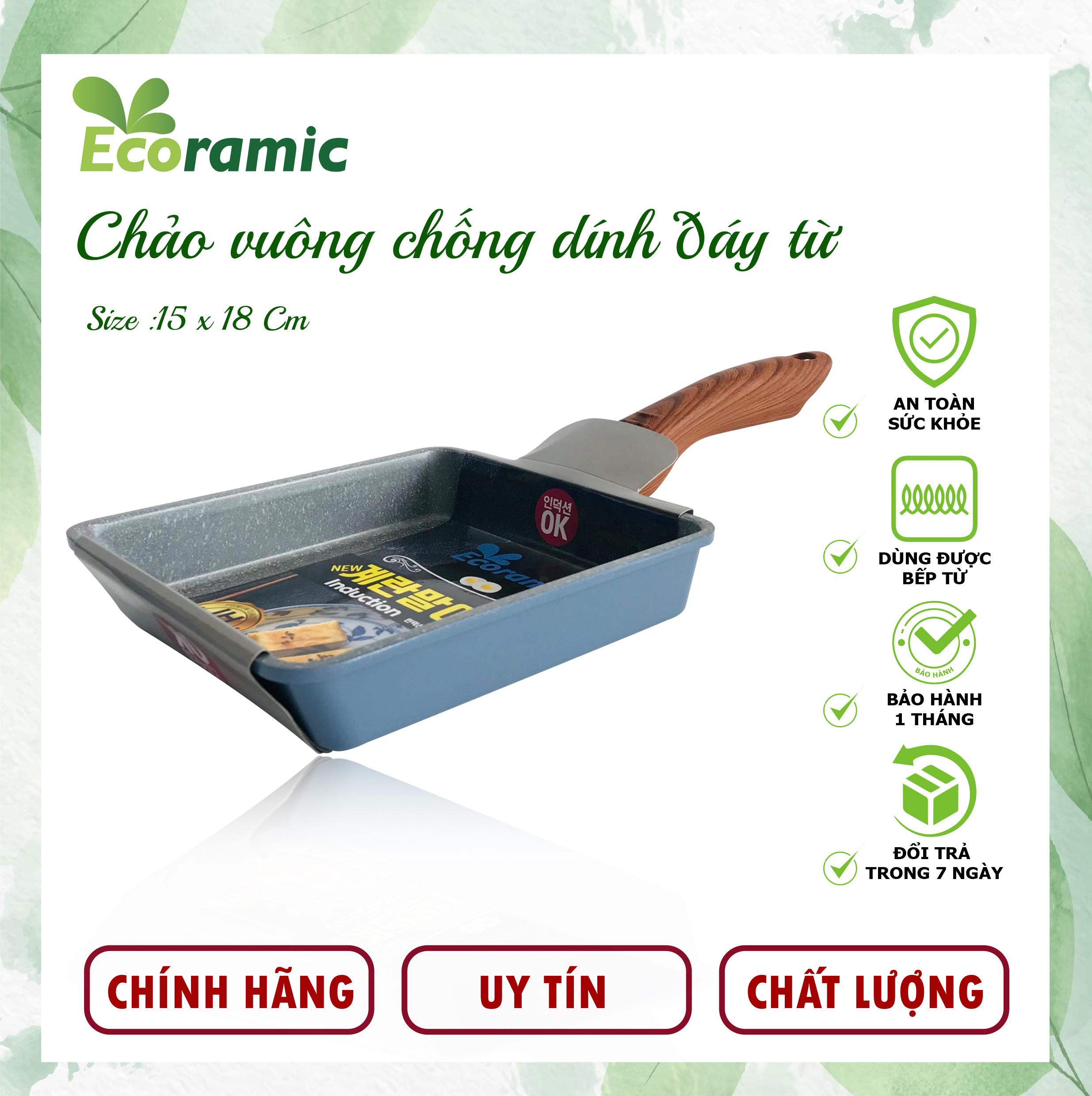 Chảo Vuông Vân Đá Đáy Từ Ecoramic Chính Hãng Cao Cấp, Chống Dính, Siêu Bền