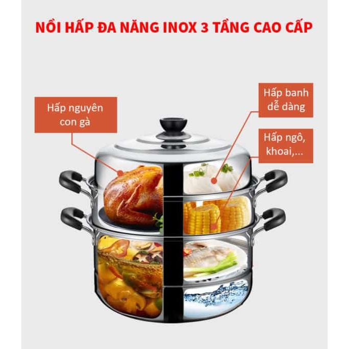 Nồi Hấp Inox Đa Năng 28cm, Nồi Hấp 3 Tầng Dùng Được Cho Bếp Từ Và Bếp Gas