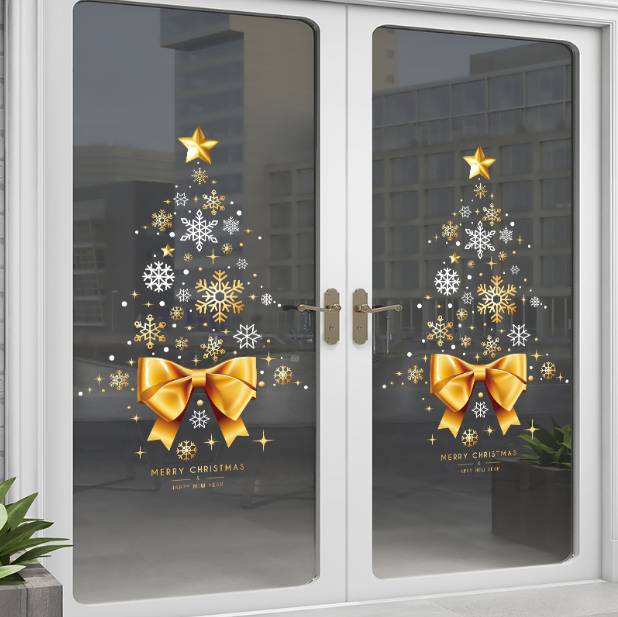 Decal trang trí Noel hít tĩnh điện - Cây thông và chiếc nơ vàng