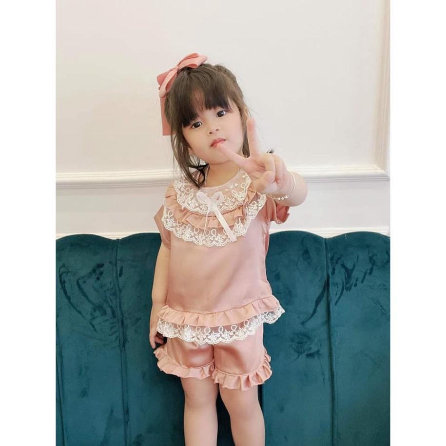 Bộ Ngủ Pijama Cộc Tay Cho Bé Lụa Satin Phối Ren - Babi mama