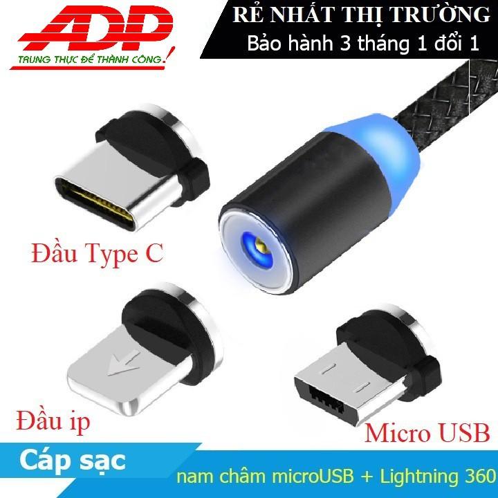 Cáp sạc từ hút nam châm đầu Iphone- micro USB - Type C - Dây dù - xoay 360 độ có LED cao cấp