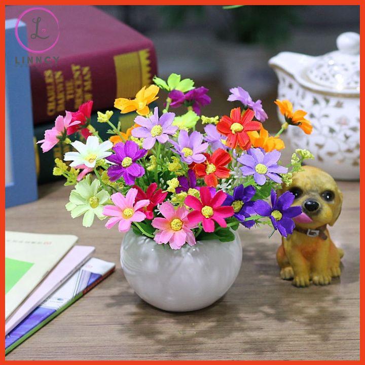 Chậu tròn hoa giả mini cắm sẵn để bàn nhiều mẫu cao 15cm