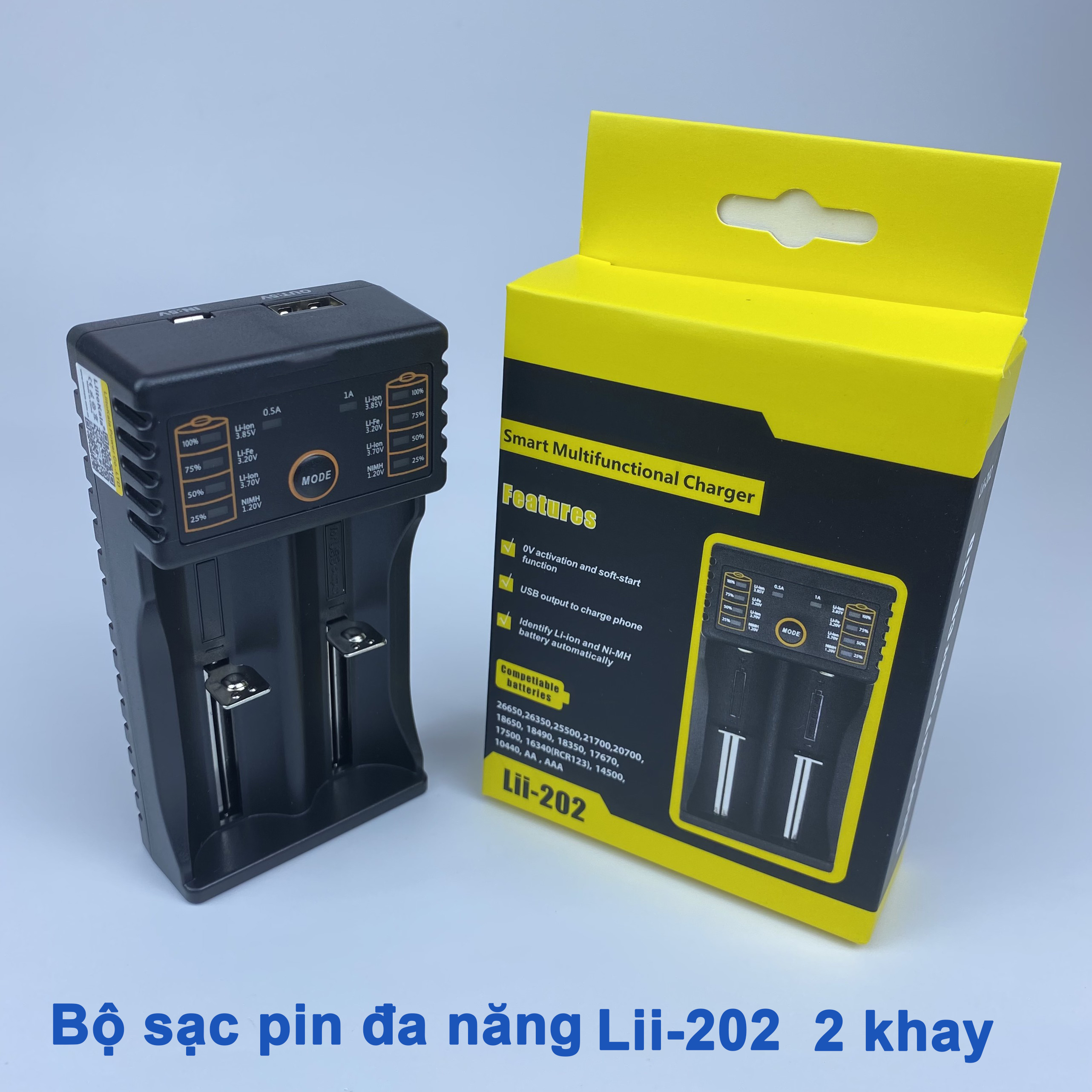 Bộ sạc pin đa năng lii-202 2 khay 18650 26650 16340 14500 17670 17500 10440 AA AAA RCR123