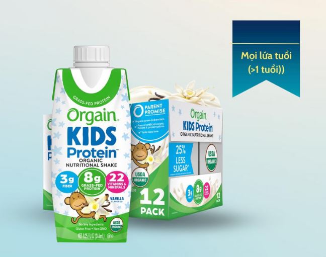 Thùng 12 Hộp Sữa nước Protein hữu cơ Orgain Kids Protein Vị Vani 244ml x 12 . Date 09/2024