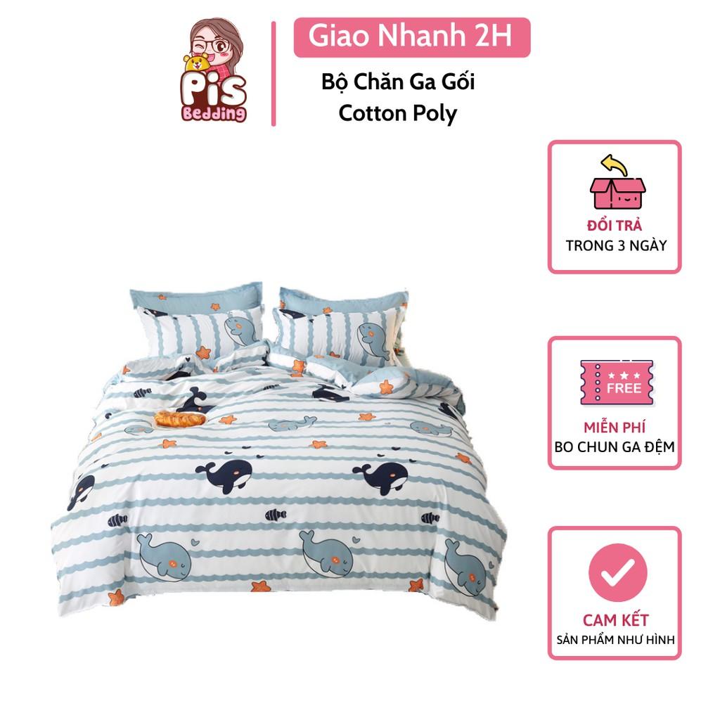 Bộ Chăn Ga Gối Cotton Poly Cá Heo Kẻ Ngang