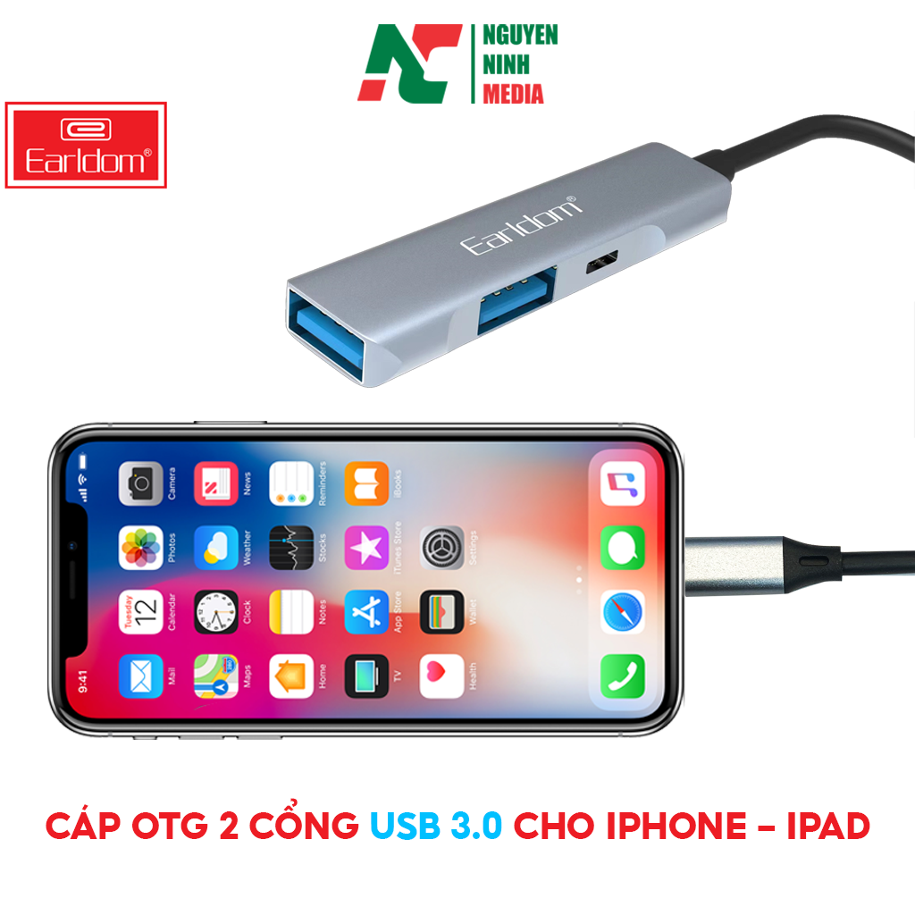 Cáp OTG Dành Cho iPhone, iPad Earldom HUB11 - Hỗ Trợ Cắm Phím, Chuột, USB , Mic, Midi Controller - Hàng Chính Hãng