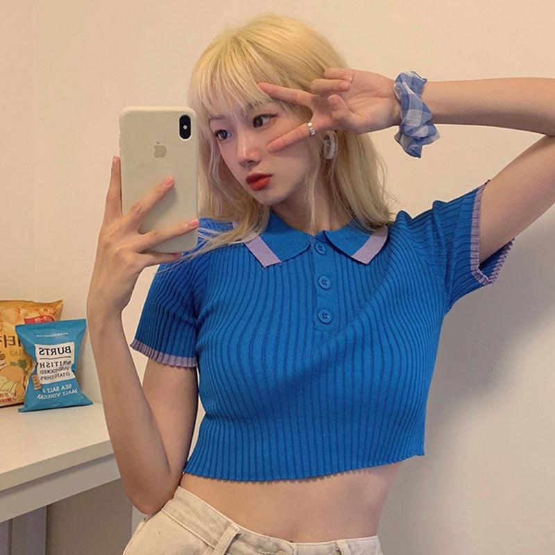 [L2M] Áo len Montoghi dệt kim CROPTOP DÁNG ÔM 2 MÀU cổ bẻ phối viền phối nút xinh xắn