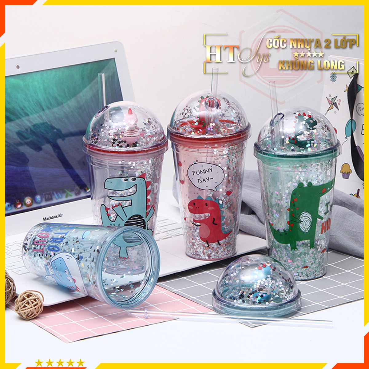 Cốc uống nước Khủng Long Cute 3D-HT SYS-430ml-Ly uống nước có nắp đậy và ống hút-Giao màu ngẫu nhiên