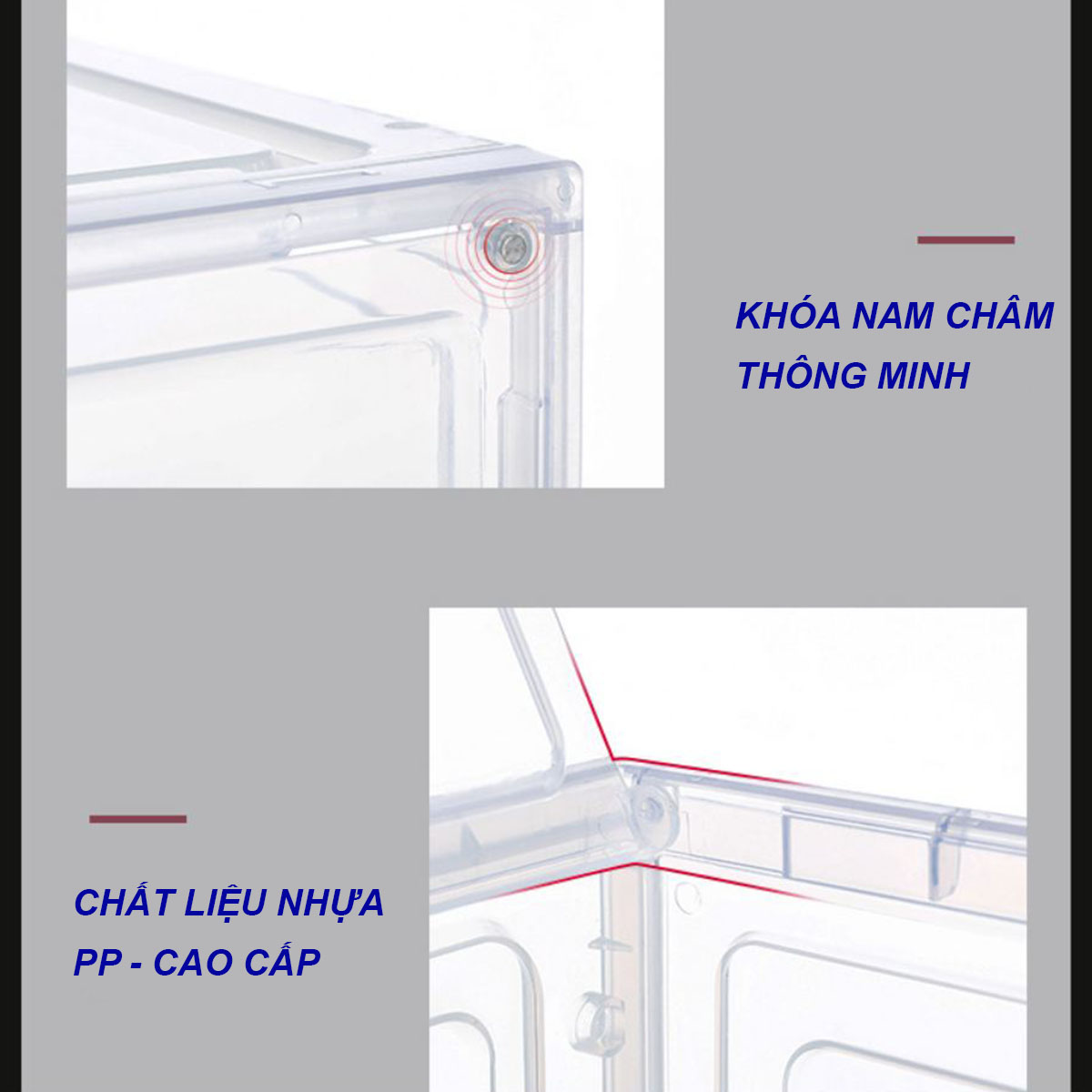 Hộp Đựng Giày H60 - Bộ 6 Hộp Chất Liệu Nhựa Cứng PP Cao Cấp Chịu Lực Tốt, Cửa Trong Suốt, Khóa Từ Nam Châm - Hộp Tháo Lắp Và Di Chuyển Dễ Dàng.