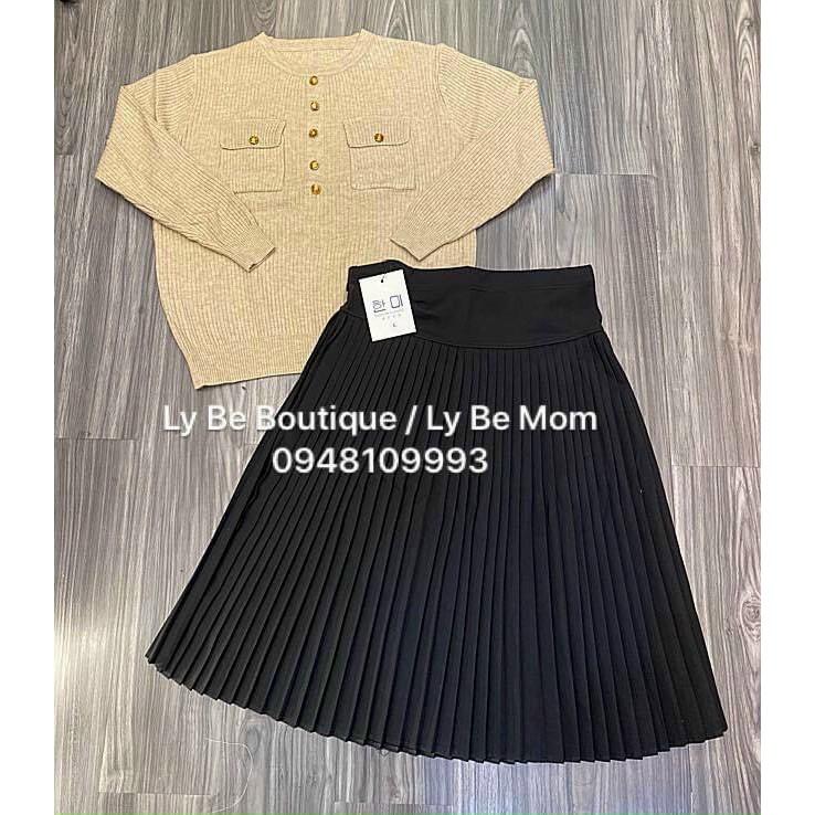 Chân váy bầu midi xếp ly lụa gân Thượng Hải freesize từ 45 đến 70kg