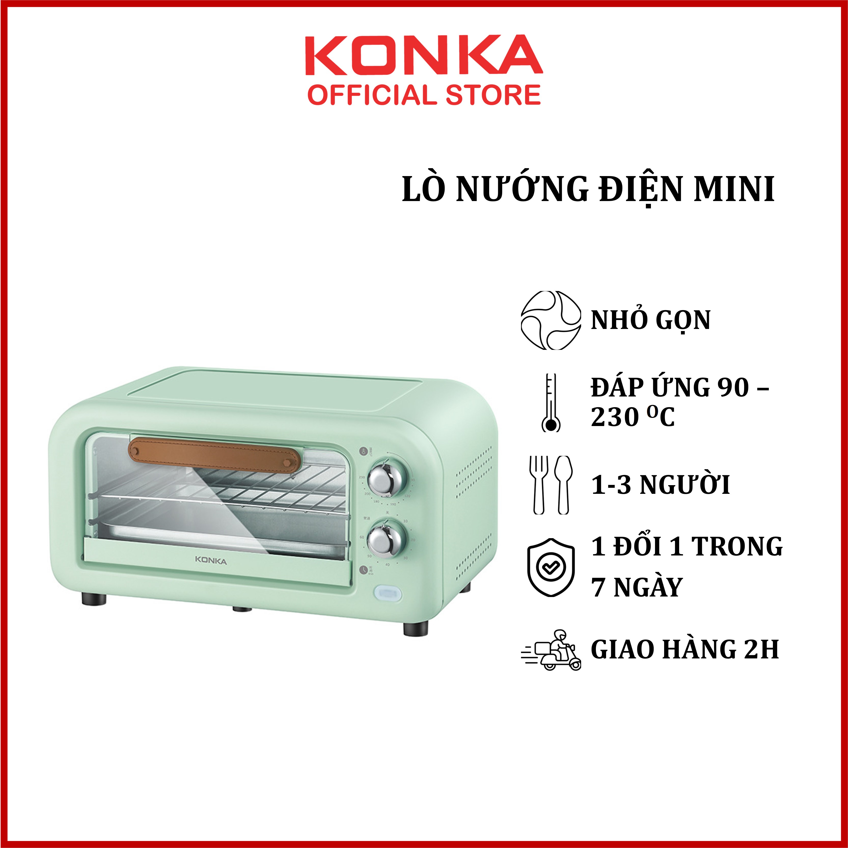 Lò nướng điện mini KONKA KAO-1202E, nướng bánh mì, nướng thịt, cánh gà ngon, sử dụng cho 1-3 người, bảo hành 12 tháng Hàng chính hãng