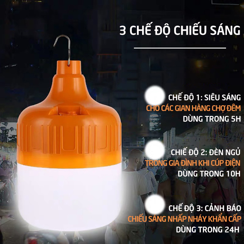 [KÈM DÂY SẠC USB] Bóng đèn 100W có móc treo thiết kế sạc điện không dây tiện lợi mang đi chợ đêm, cắm trại, picnic thiết kế chống nước nhẹ, ánh sáng trắng, sử dụng liên tục 6 đến 8 tiếng