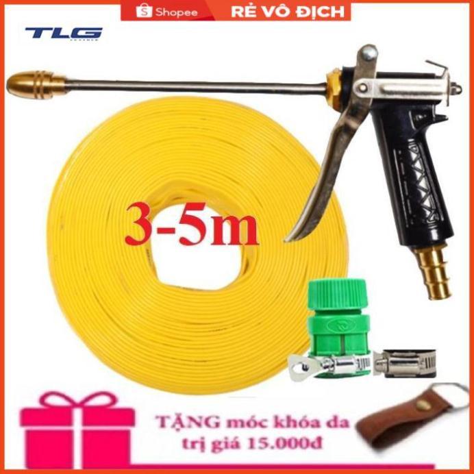 Bộ dây vòi xịt nước rửa xe,tưới cây .tăng áp 3 lần, loại 3m,5m 206318 đầu đồng,đai,nối nhựa vàng+ tặng móc khoá