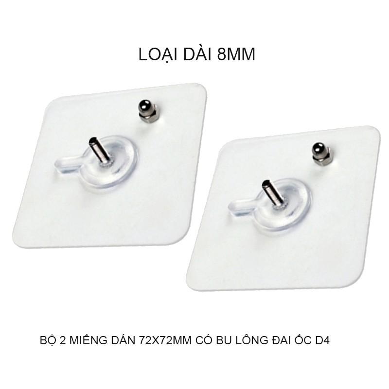 BỘ 2 MIẾNG MÓC DÁN TƯỜNG TRONG SUỐT 72X72MM CÓ BU LÔNG ĐAI ỐC, GIÚP BẮT CÁC GIÁ TREO KHÔNG CẦN KHOAN