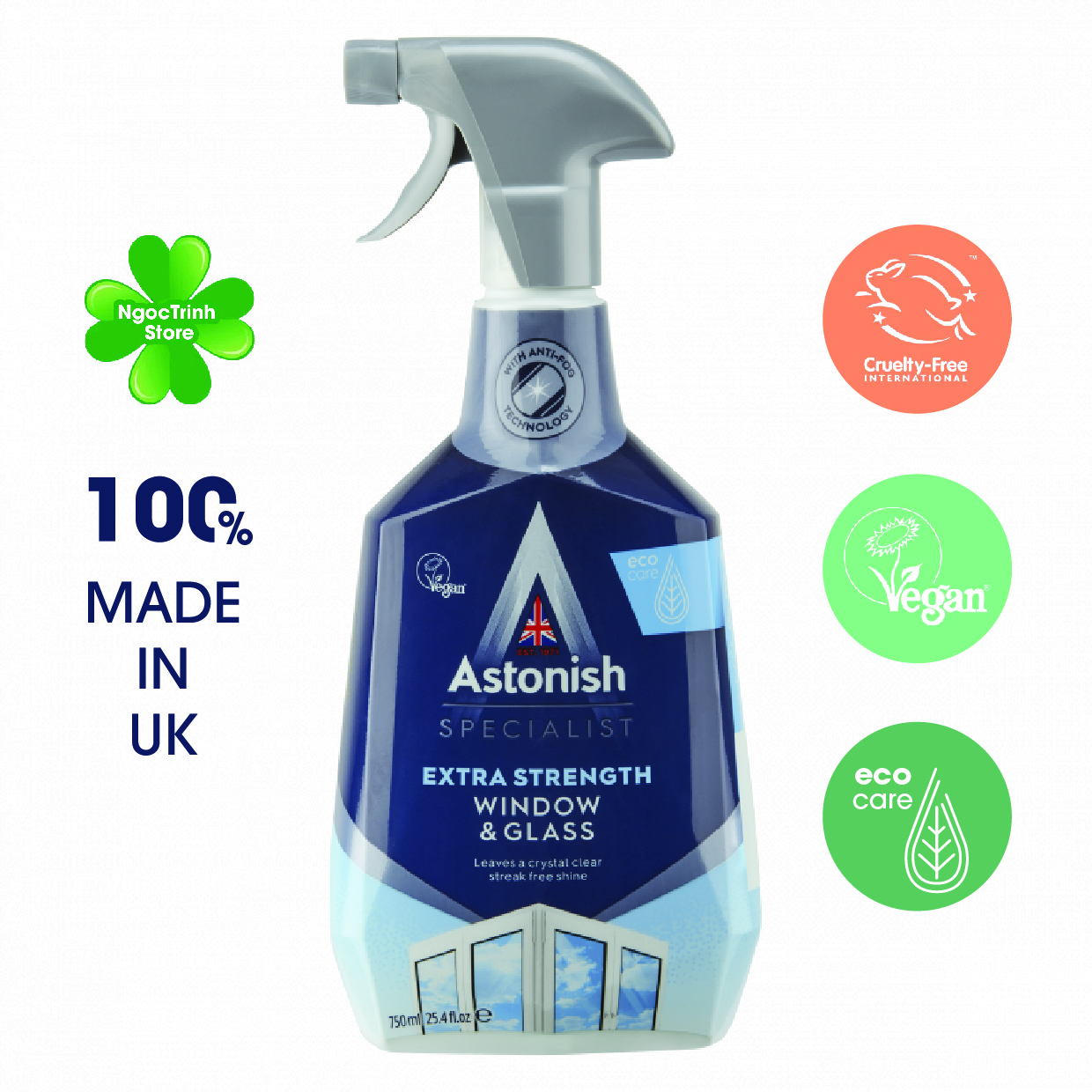 Bình xịt vệ sinh lau kính Astonish C6950 750ml làm sạch và chóng ố bám bụi trên kính nhà cửa, lau nhanh sạch chóng động hạt nước, làm sạch nhiều bề mặt khác như màng hình tivi, máy tính