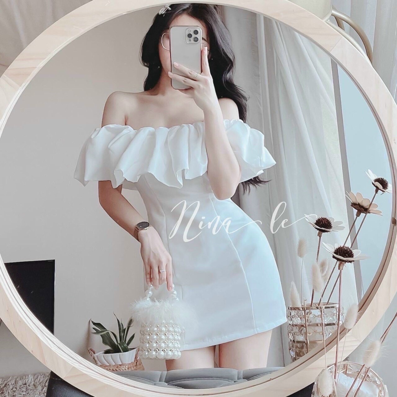 Đầm body trễ vai bèo trắng sang trọng