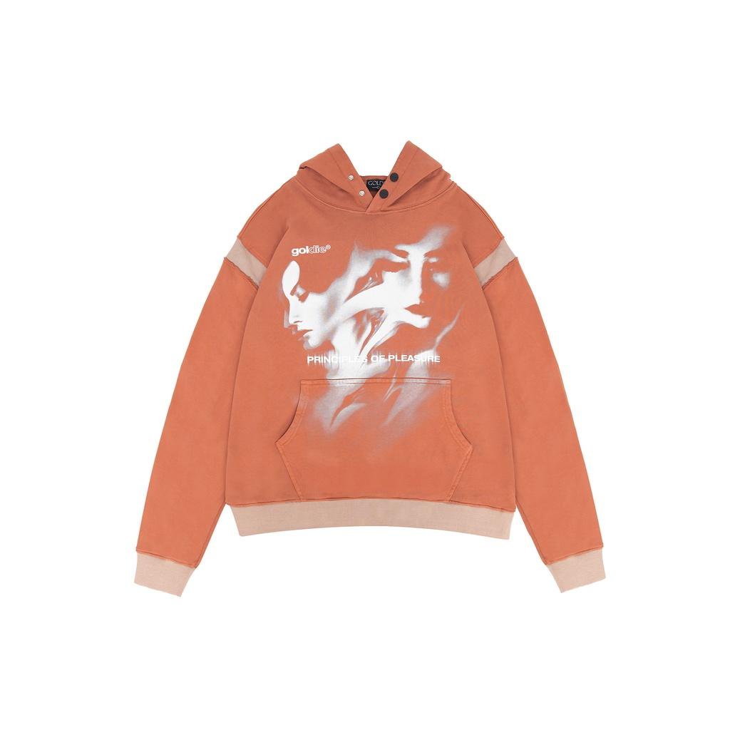 Áo hoodie 'GOLDIE PRINCIPLES OF PLEASURE' giặt nhuộm acid 100% nỉ French Terry màu cam