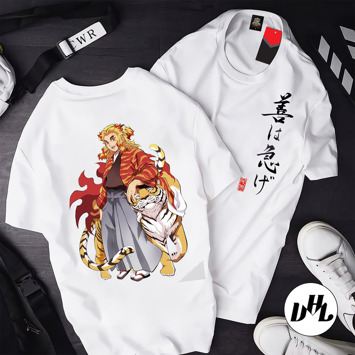 Áo thun trắng Anime, Manga Thanh g diệt quỷ Viêm trụ và hổ, Unisex Nam Nữ có Size áo từ 25-95kg