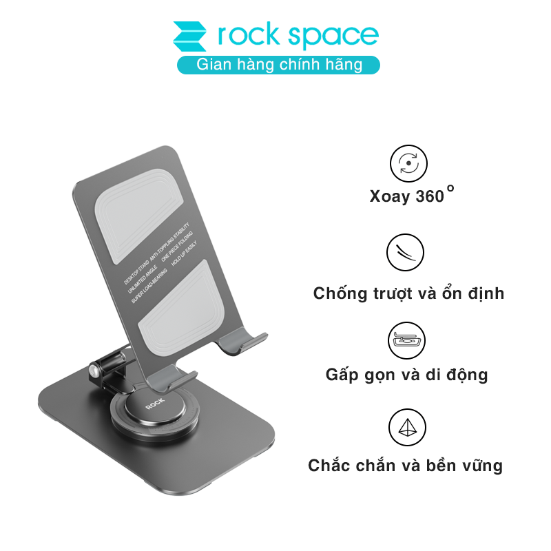 Giá đỡ điện thoại, máy tính bảng thông minh xoay 360 độ Rockspace Rotatable chống trượt làm bằng kim loại hàng chính hãng