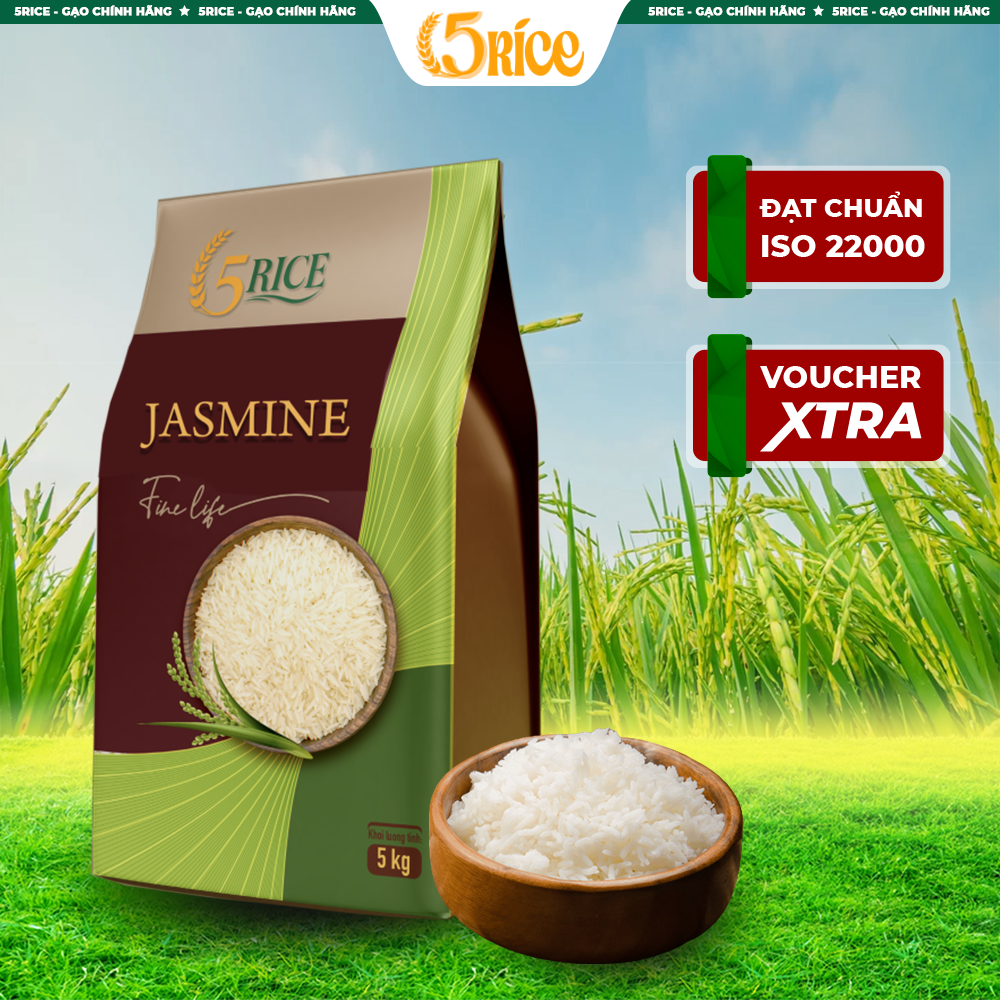 Gạo Thơm Jasmine 5RICE Túi 5kg - Gạo thượng hạng thơm dẻo, đậm vị 5RICE