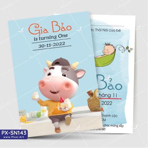 Thiệp thôi nôi – sinh nhật Pluxi bé Trai tuổi Sửu - Trâu - PX_SN143