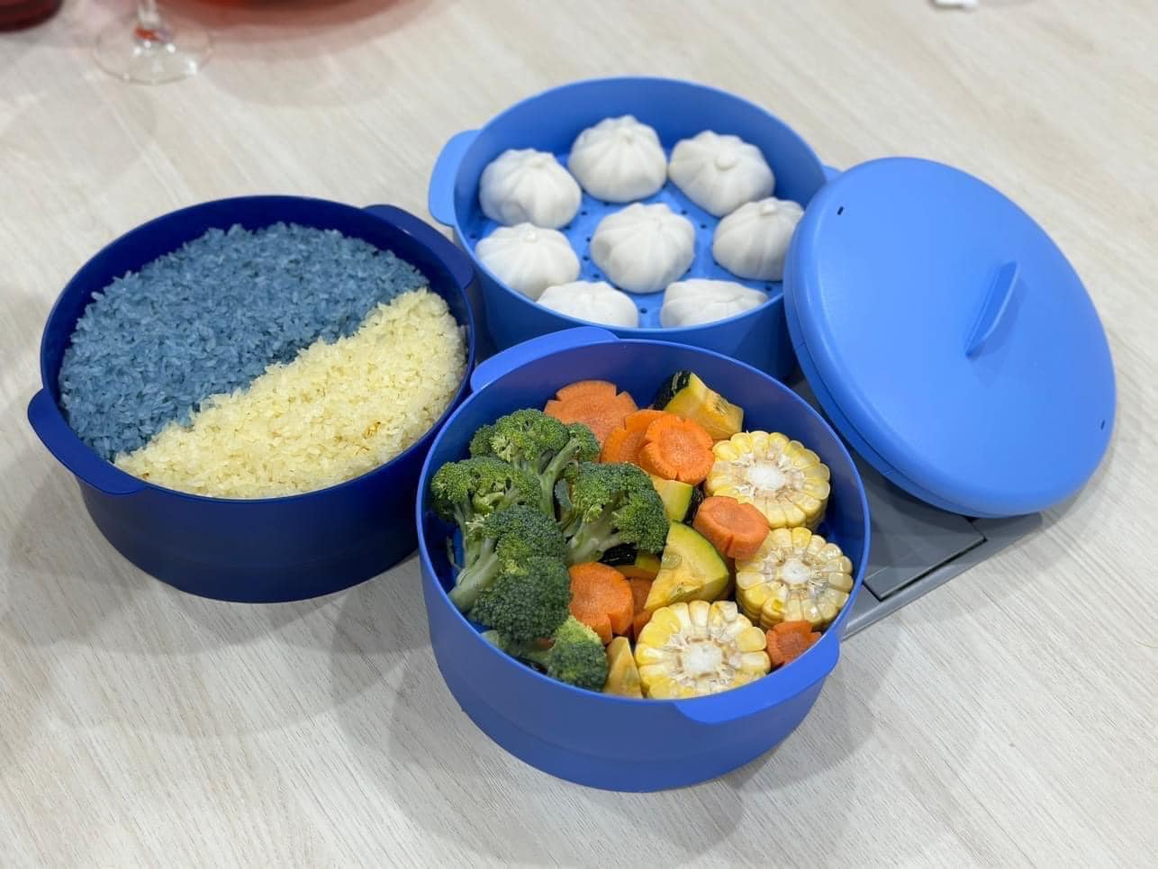 Xửng Hấp Tupperware 3 Tầng Steam It Blue, hấp rau củ, hấp hải sản