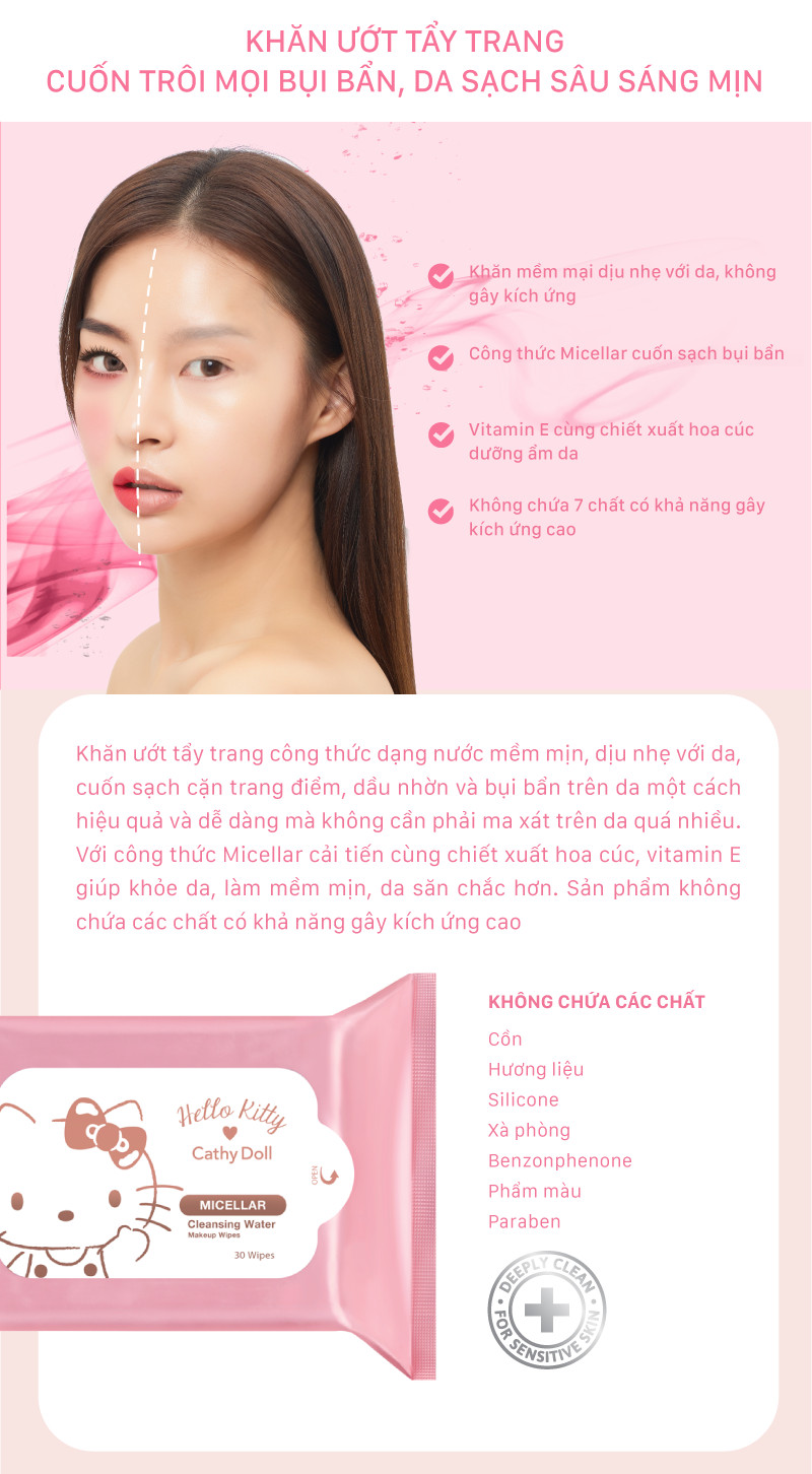 Combo 2 Gói Khăn giấy tẩy trang Hello Kitty Cathy Doll Micellar Cleansing Water Makeup Wipes (30 miếng x 2 gói)