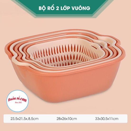 Bộ 3 rổ vuông 2 lớp Việt Nhật (có bán lẻ từng size) - Bộ rổ kèm chậu hứng nước rửa rau củ đựng hoa quả trái cây