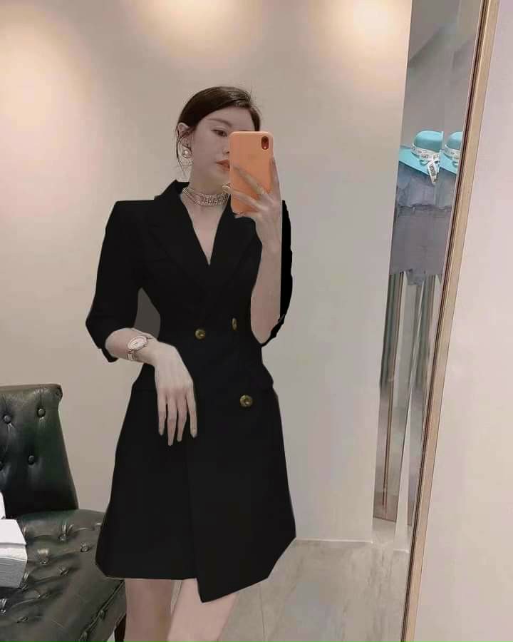 Đầm Vest Nữ Thiết Kế Tay Lỡ Đính Nút Form Tôn Dáng, Chất Vải Cotton Co Giãn Có Lót Trong Hanaki HNK334
