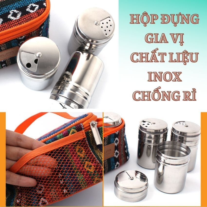 Hộp Đựng Gia Vị inox 6 Lọ Gia Vị Dụng Cụ Nhà Bếp Kèm Túi Đựng Tiện Mang Đi Cắm Trại Du Lịch Ngoài Trời VIEORO-18
