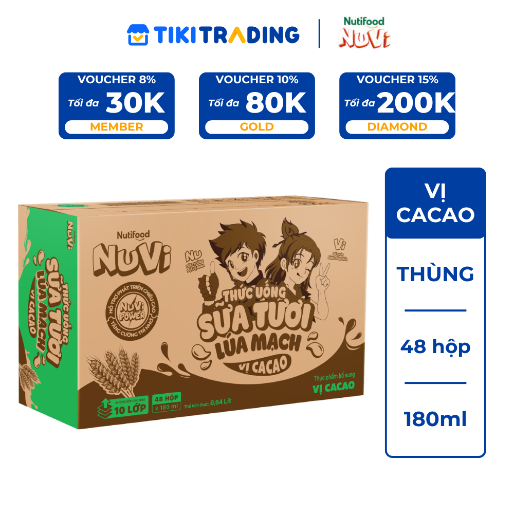 Thùng 48 hộp Sữa Tươi Lúa Mạch Nuvi Vị Ca Cao 180ml - Phát Triển Chiều Cao, Tăng Cường Trí Nhớ