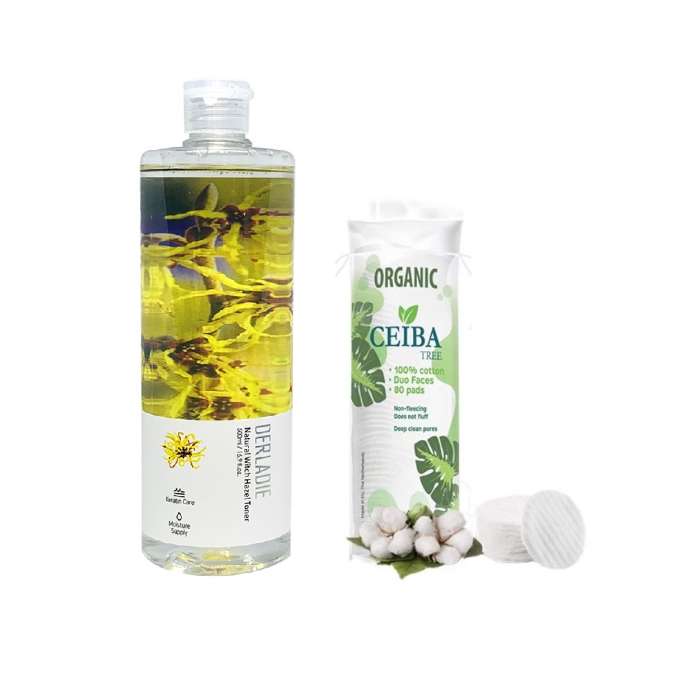 Nước hoa hồng Derladie Natural Witch Hazel Toner tặng kèm bông tẩy trang hữu cơ CEIBA 80 miếng