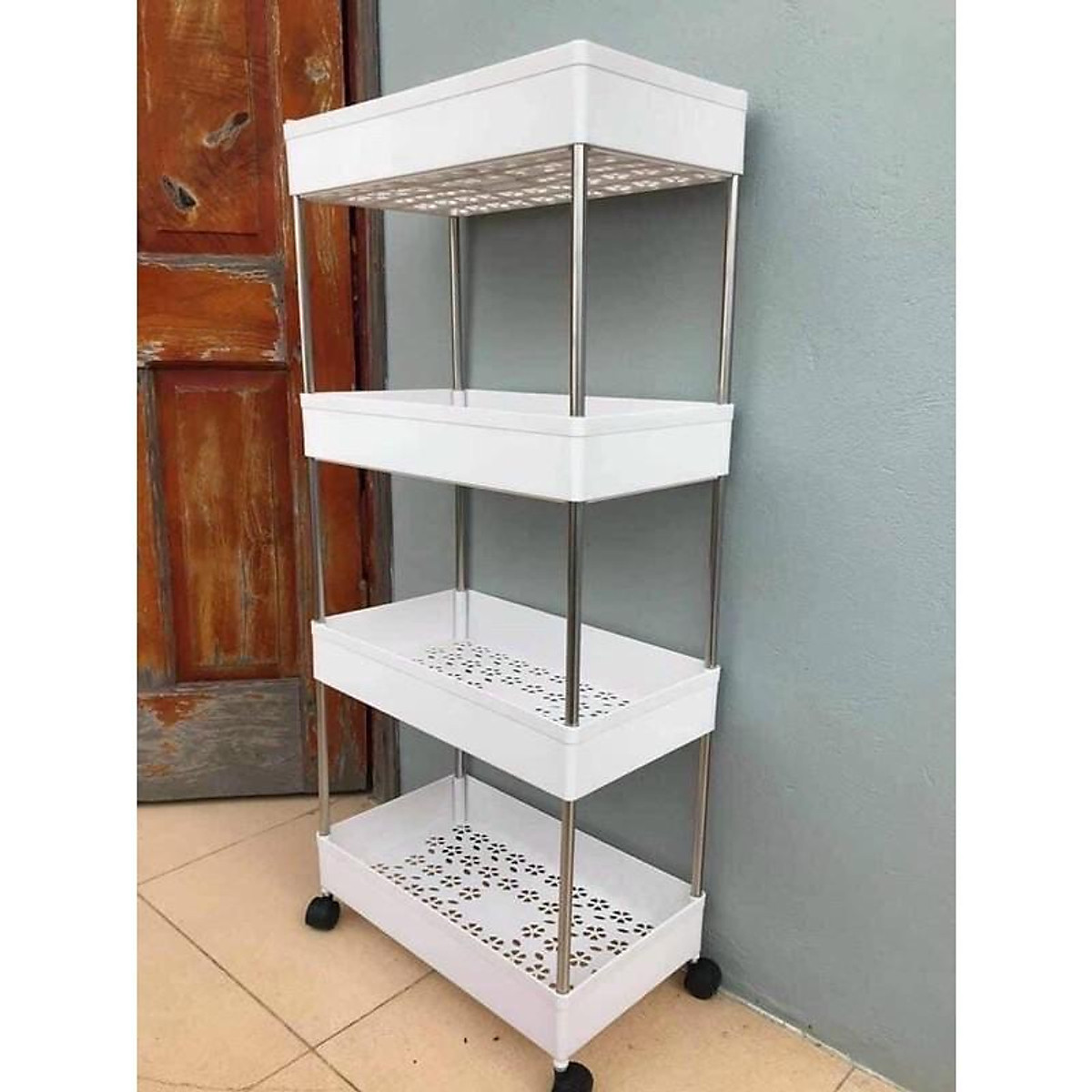 Kệ Để Đựng Đồ Đa Năng 4 Tầng - Thanh Inox - Giá Nhựa có lỗ Cao cấp màu trắng - Hàng Loại 1 - Chính Hãng MINIIN