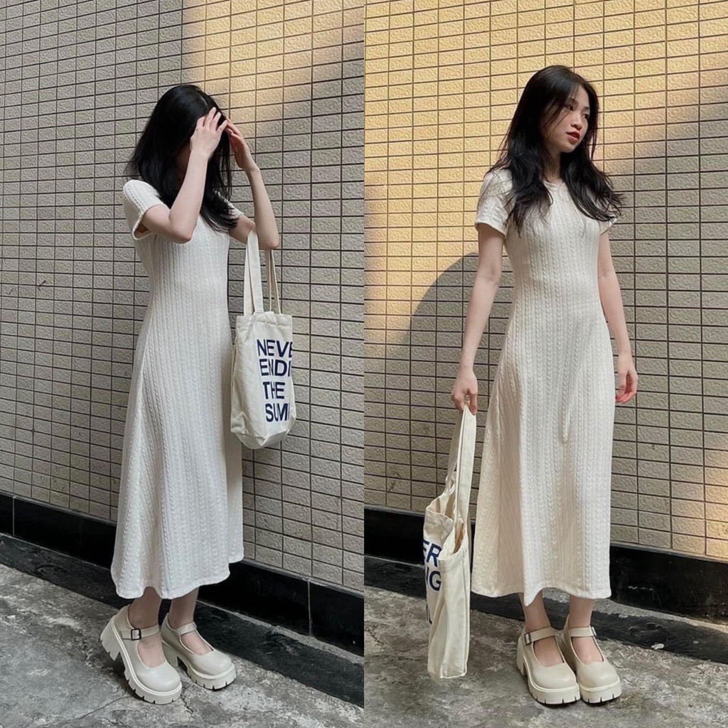 Vây thun len midi hoạ tiết xương cá váy thun basic