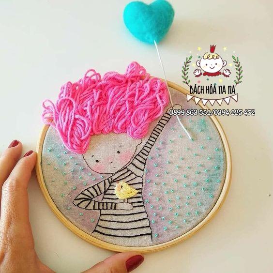 DIY Bộ kit tự thêu tranh cô gái đáng yêu-làm tóc cho cô gái -tự thêu trang trí nhà cửa Decor Handmade - Na Na Shop