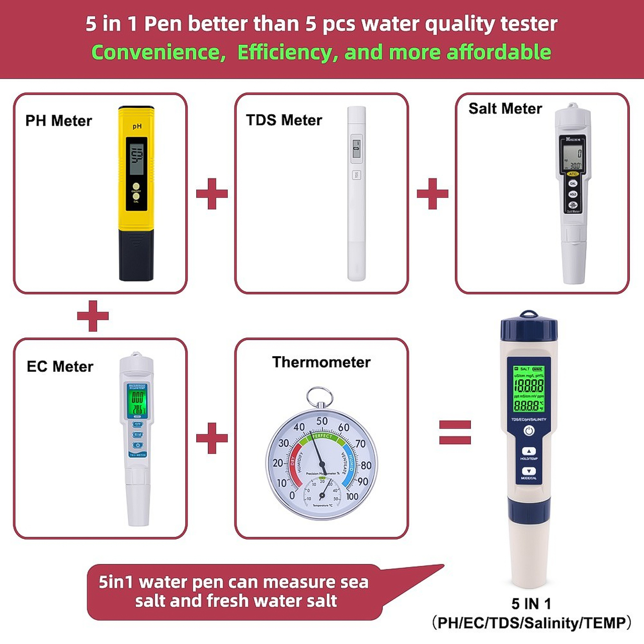 Bút kiểm tra chất lượng nước 5 trong 1, bút đo độ PH, độ mặn , TSD, EC cso đèn nền - hàng chính hãng