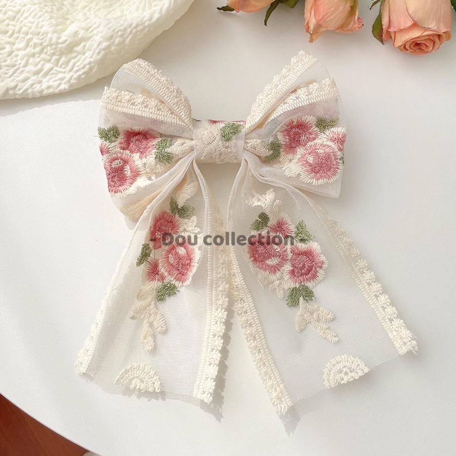 Kẹp Tóc Nơ Ren Họa Tiết Hoa Thêu Cao Cấp Tiểu Thư HANDMADE - Mã KT017