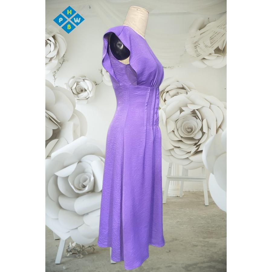 Đầm Tím Xếp Ly Hông Tay Đẹp Dạng Xòe