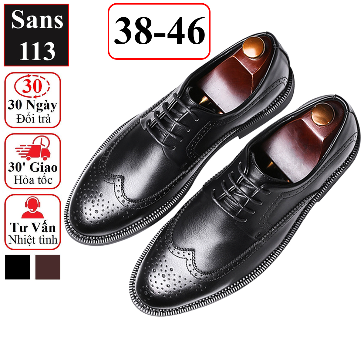 Giày oxford nam da bò thật cao cấp Sans113 giầy tây công sở đen mũi tròn âu buộc dây chú rể cưới brogue derby wingtip