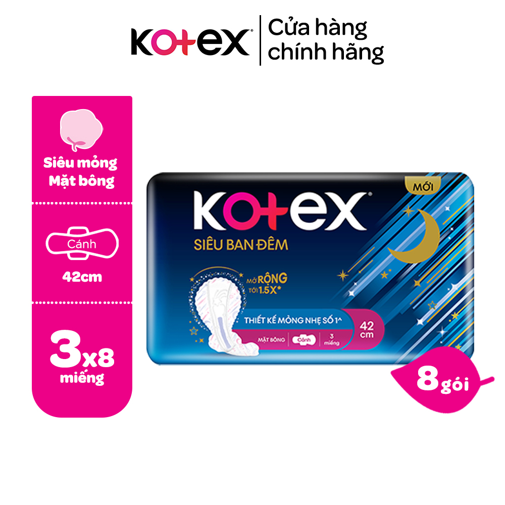 Combo 8 gói băng vệ sinh Kotex ban đêm cool mặt lưới 4 miếng 28 cm siêu mỏng cánh