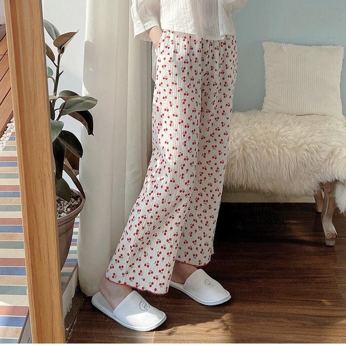 Quần dài nữ mặc nhà, ngủ vải xô cotton mềm nhẹ viền gấu nữ tính