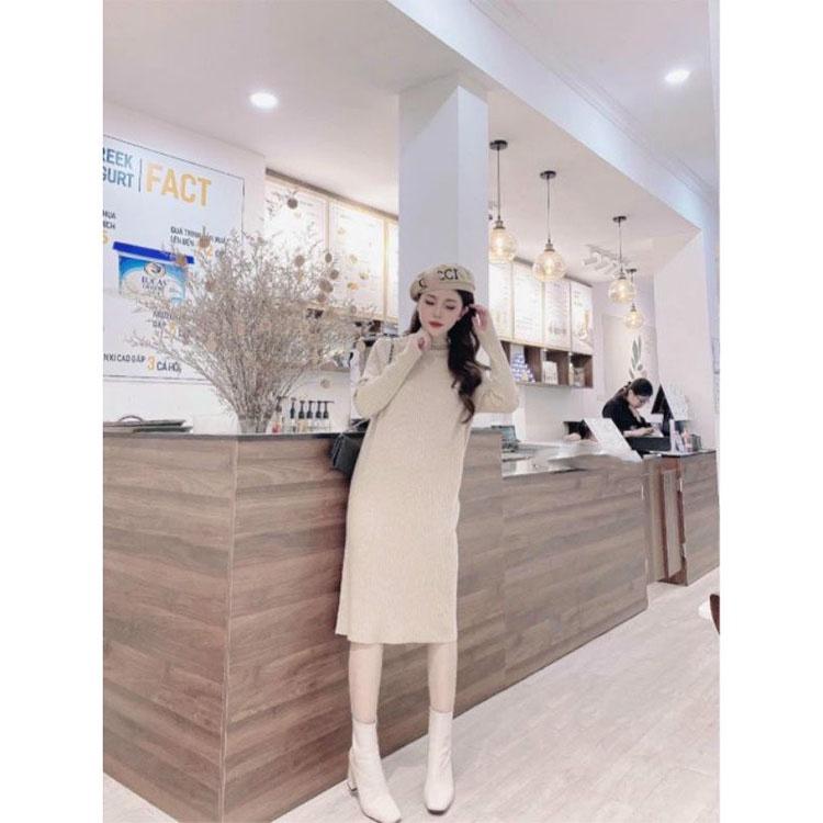 Váy len nữ suông dài tay cổ 3 phân Đầm trơn chất len thường hàng VNXK