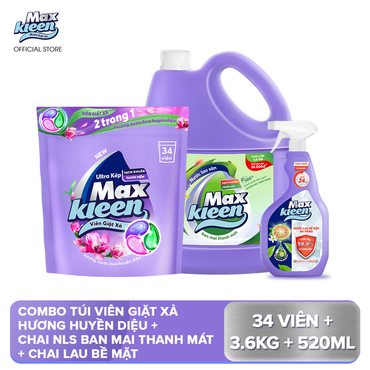 Combo Túi Viên Giặt Xả MaxKleen Hương Huyền Diệu + Chai Nước Lau Sàn 3.6kg Ban Mai Thanh Mát + Chai Nước Lau Bề Mặt Đa Năng