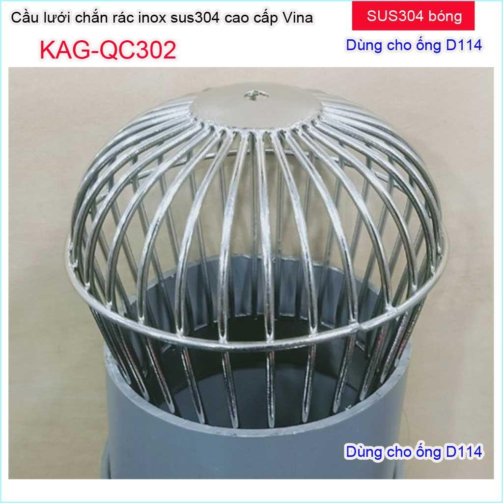 Cầu chắn rác sân thượng KAG-QC302 (ống D114), Cầu chặn rác Inox 304 đế thấp thả ống D114, cầu lưới lọc rác thoát nước mư