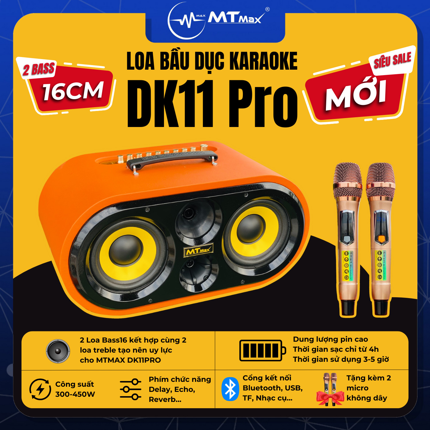 Loa Xách Tay Karaoke Chính Hãng MTMAX DK11Pro 3 Đường Tiếng 2 Bass 16 Công Suất Lớn Thiết Kế Hình Bầu Dục Đường Cong Mềm Mại hàng chính hãng