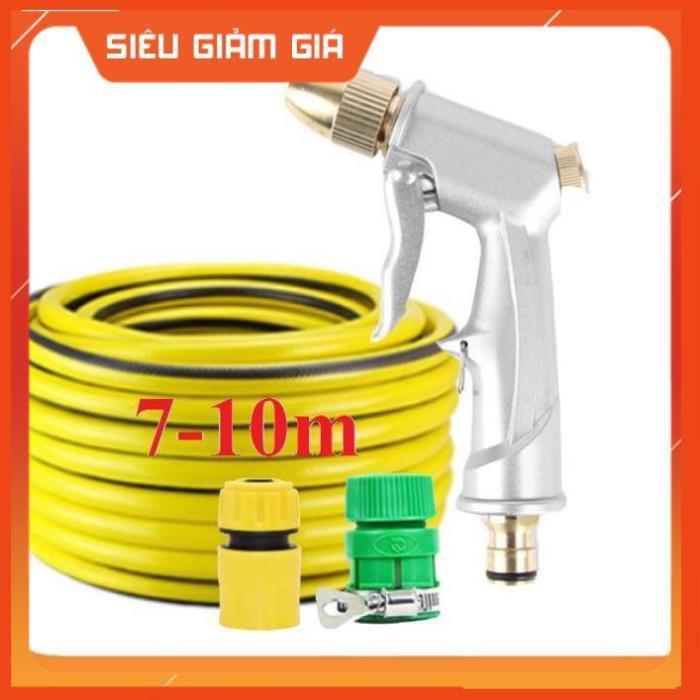 Bộ dây vòi xịt nước rửa xe, tưới cây . tăng áp 3 lần, loại 7m, 10m 206701 đầu đồng, cút, nối PE