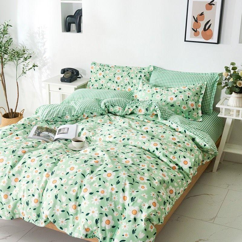 Bộ chăn ga gối hoa xanh Cotton Poly cao cấp LEEBedding, chăn ga Hàn Quốc, miễn phí bo chun drap ga giường theo yêu cầu