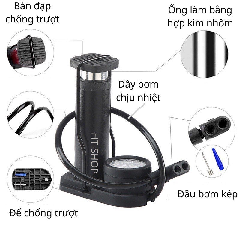 Bơm Xe Chân Đứng Foot Pump Có Đồng Hồ Mặt Tròn Đo Áp Suất
