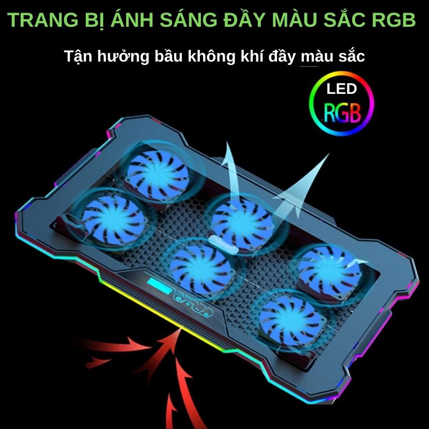 Đế tản nhiệt laptop S103 có 6 quạt làm mát nhanh chống ồn đèn LED RGB điều chỉnh độ cao 6 mức trang bị màn hình LCD giúp tăng hiệu năng bảo vệ máy tính