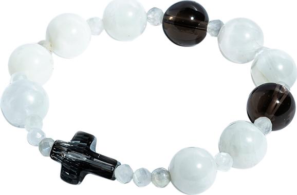 Vòng Chuỗi Mân Côi xà cừ trắng 10mm mix thạch anh khói và Thánh Giá pha lê TRI01 - VIETGEMSTONES